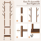 Yoobure Solid Wood Coat Rack Freestanding - Rolling Clothes Rack with 8 Hooks & Shelves, Small Clothing Rack with Wheels, Heavy Duty Clothing Racks for Hanging Clothes, Portable Hall Tree for Entryway