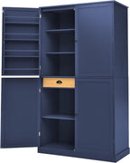 Merax 4 Doors Kitchen Pantry Storage Cabinet with 2 Drawers, 71.3" H Tall Pantry Blue Cupboard Kitchen Hutch with 2 Adjustable Shelves, Floor Spice Cabinet with 8 Door Shelves for Dining Room, Blue