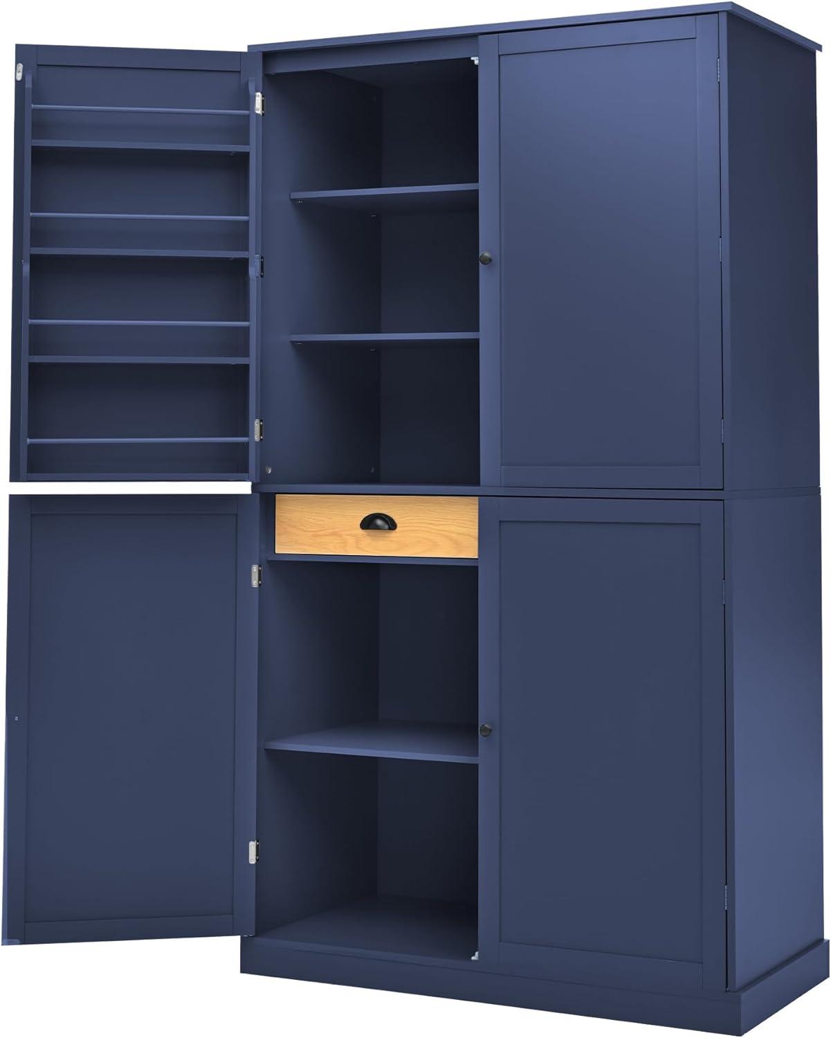 Merax 4 Doors Kitchen Pantry Storage Cabinet with 2 Drawers, 71.3" H Tall Pantry Blue Cupboard Kitchen Hutch with 2 Adjustable Shelves, Floor Spice Cabinet with 8 Door Shelves for Dining Room, Blue