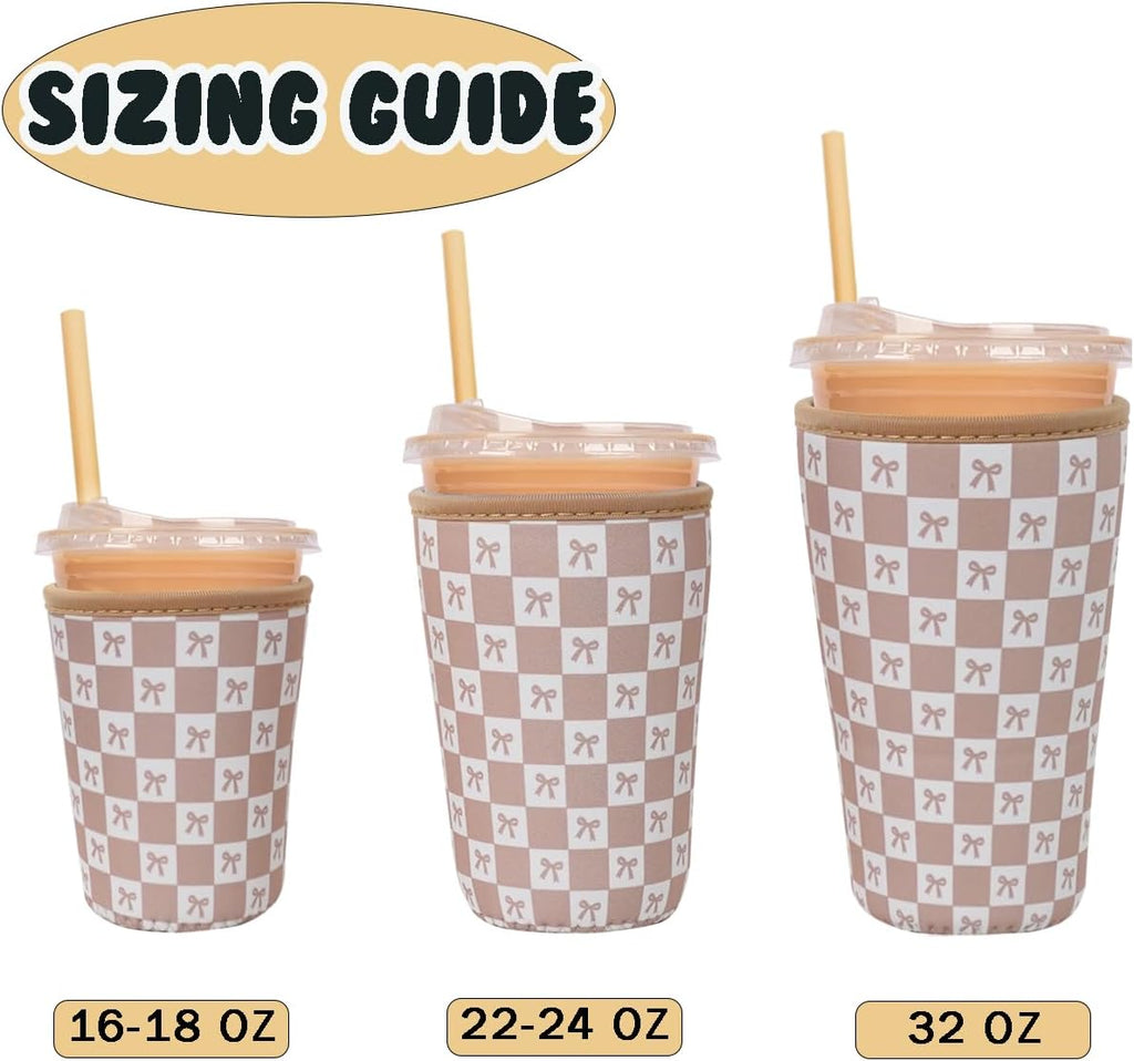 Reusable Insulated Neoprene Iced Coffee Cup Sleeve, Durable Drink Sleeve for Cold Beverages, Beverage Holder for Iced Coffee, Caramel Checkered Bows