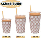 Reusable Insulated Neoprene Iced Coffee Cup Sleeve, Durable Drink Sleeve for Cold Beverages, Beverage Holder for Iced Coffee, Caramel Checkered Bows