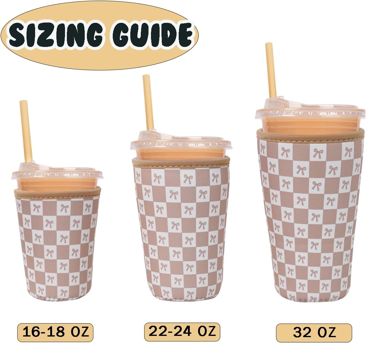 Reusable Insulated Neoprene Iced Coffee Cup Sleeve, Durable Drink Sleeve for Cold Beverages, Beverage Holder for Iced Coffee, Caramel Checkered Bows