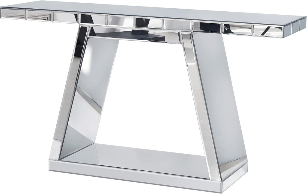 55.9" Full Body Mirror Entryway Table with Trapezoid Base 360° Reflective Console Table, Sturdy Wooden Frame, Scratch Resistant Open Storage for Hallway, Living Room, Staircase