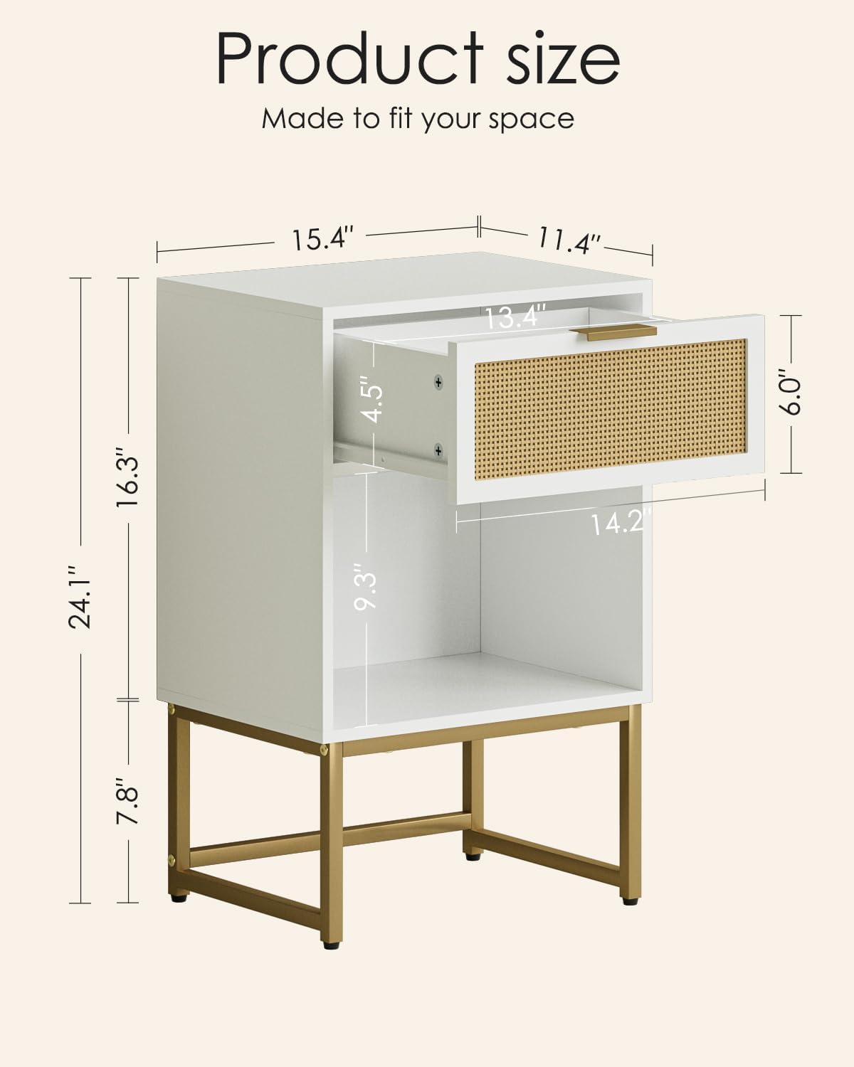 Masupu Rattan Nightstand,Modern Night Stand Boho Farmhouse Wood Bedside Table with Storage Drawer Side End Table for Bedroom,Living Room, White
