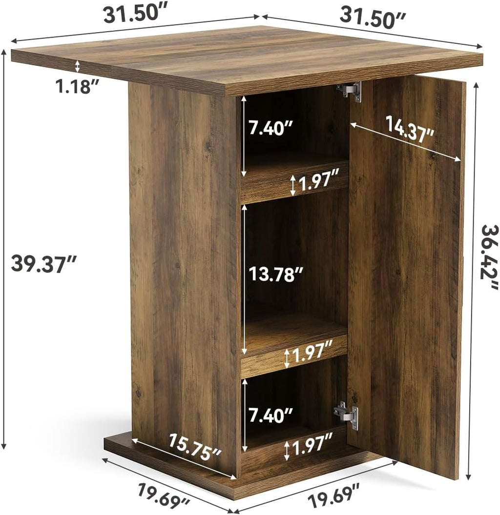LITTLE TREE Bar Table with Storage Cabinet, 39.4" H Square High Top Pub Table, Wood Bistro Cocktail Table, Farmhouse Design with 3-Tier Cabinet for Pub, Bistro, Bar, Coffee, Dining Rustic Brown