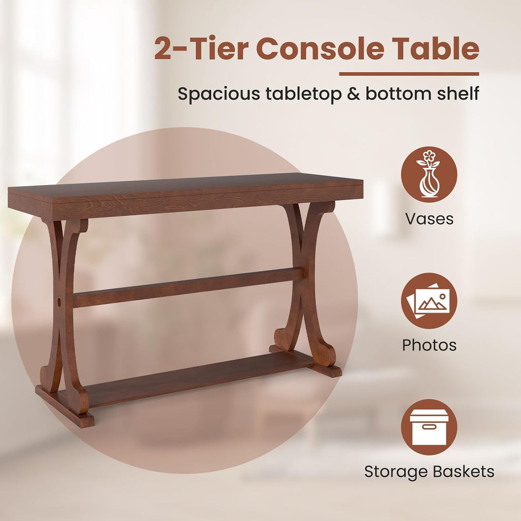 Giantex 52" Narrow Console Table, Vintage Accent Entryway Table with Open Storage Shelf, Long Wooden Behind Couch Sofa Table with Anti-tip Kit for Small Spaces Living Room Hallway (Walnut)
