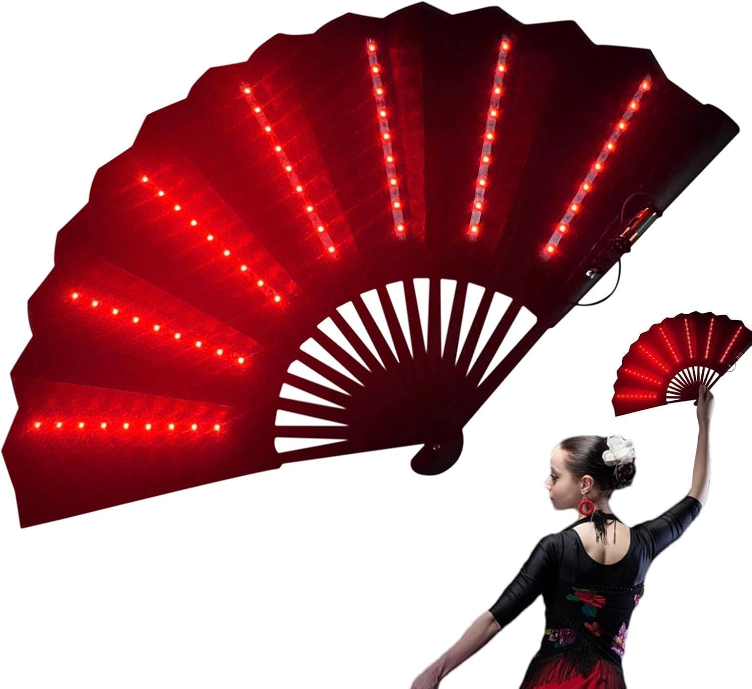 Folding Hand Fan - LED Large Light Up Festival Fãn Battery Included | Řave Faņ with Liģht Portable Følding - Performance Show Party Fån for Stage Carnival Club Belly Dance, Night Event Prop