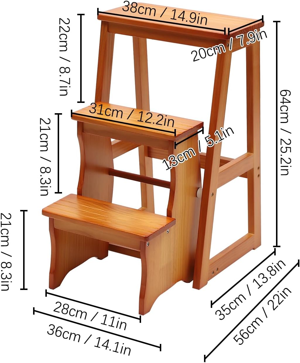 Folding Library Ladder Chair, Solid Wood Portable Multifunctional Step Stool, 3-Step Stool Stepladders, Display Stand and Flower Stand for Home (Brown)