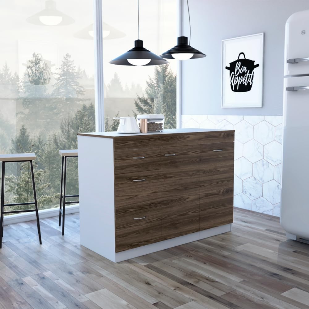 Grecia Kitchen Base Cabinet - 3 Drawers, 2 Shelves, White/Dark Walnut - Expandable Counter Space