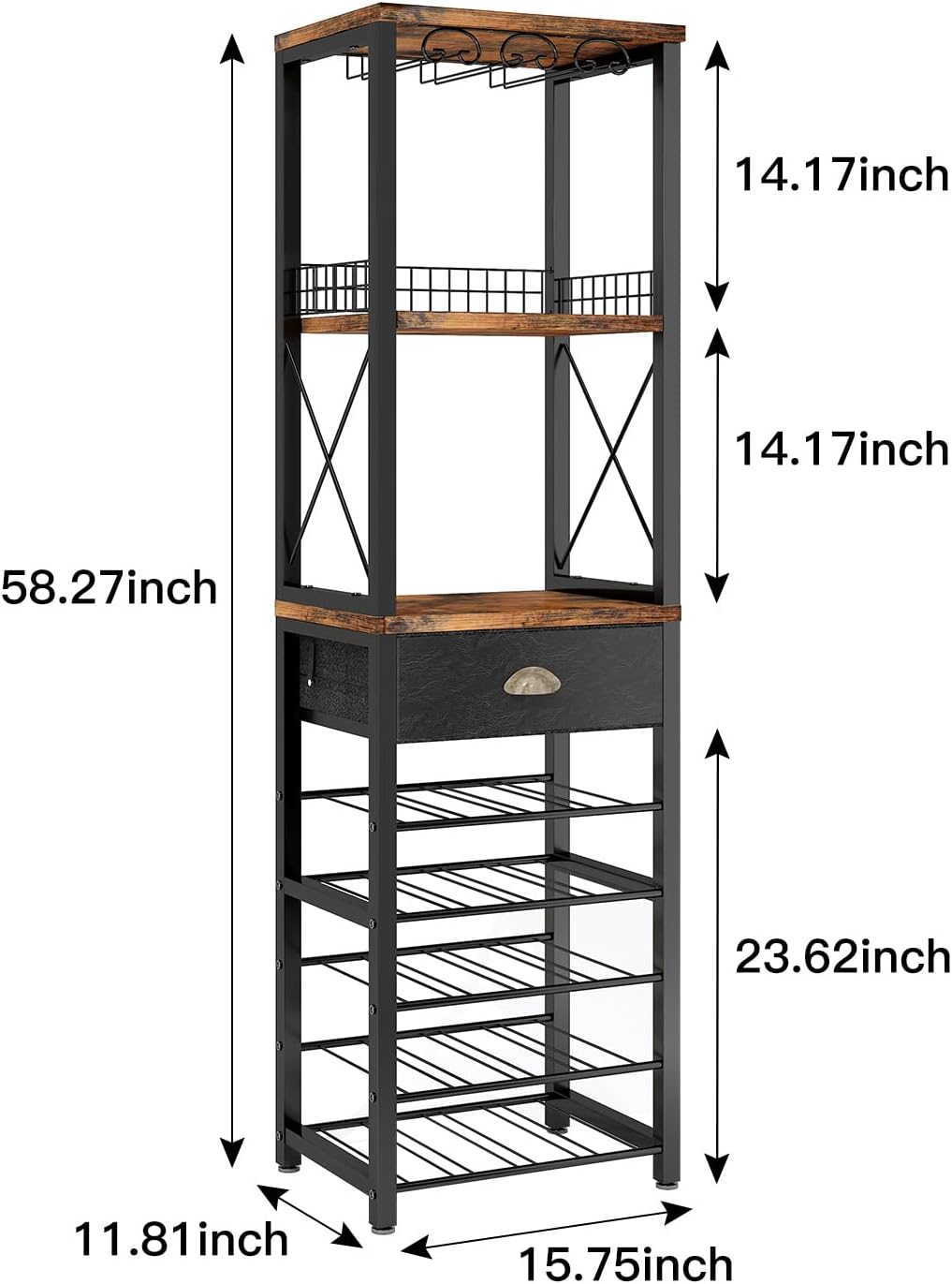 Homeiju Wine Rack Freestanding Floor, Bar Cabinet for Liquor and Glasses | 4-Tier bar Cabinet with Tabletop, Glass Holder, Storage Drawer and Wine Storage for Living Room (Patent No.D29872845)