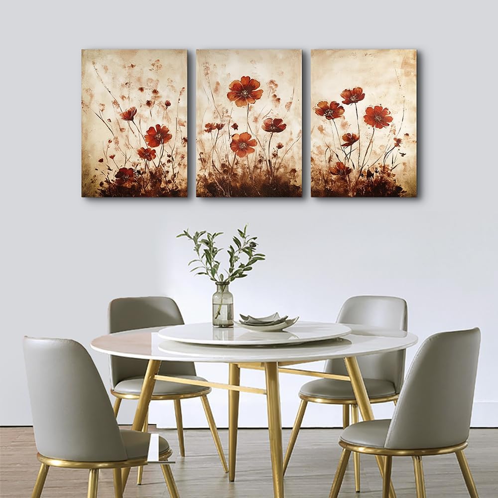 TTHYUEWS Boho Wall Decor for Bedroom Canvas Wall Art for Living Room Office Decorations Flowers Wall Pictures Watercolour Paintings Artwork Modern Aesthetic Bathroom Home Decor 3 Piece Ready To Hang