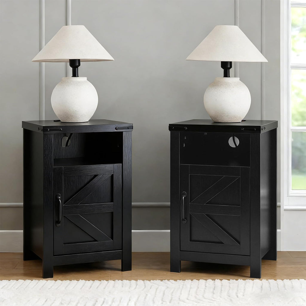 Black Farmhouse Nightstand Set of 2, End Tables Set with Charging Station, Night Stand with Door and Storage Shelf, Sofa Side Table Living Room, Bedside Table for Bedroom