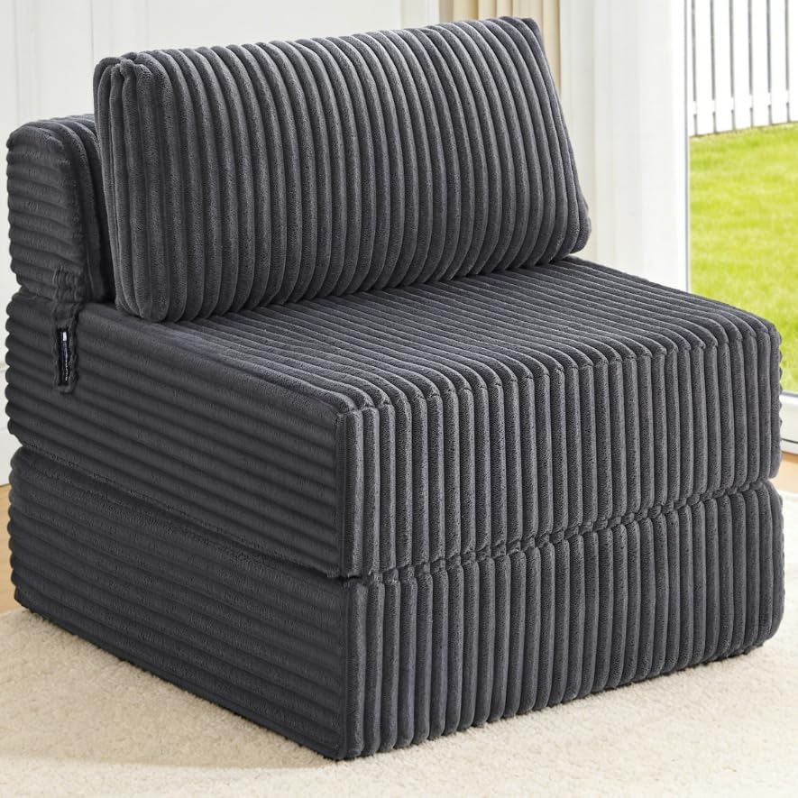 4-in-1 Folding Sofa Bed Convertible Boneless Sleeper Chair Couch Foldable Lounger & Mattress Pocket Coil & Foam Fill Medium Support, Portable No Assembly for Living Room/Bedroom, Single