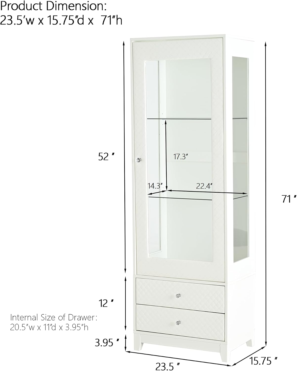 roomfitters 71'' Display Cabinet with Glass Door, Freestanding Pantry Storage Cabinet with Adjustable Shelves for Dining, White