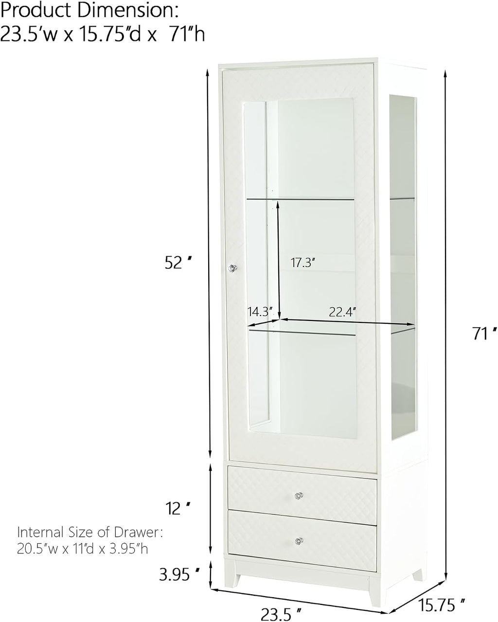 71'' Freestanding Display Cabinet with 2 Storage Drawers, Upholstered Pantry with Ceiling Light,Wine Cabinet with Glass Door and Adjustable Shelves, for Livingroom, Kitchen, Bar & Dining Room - White
