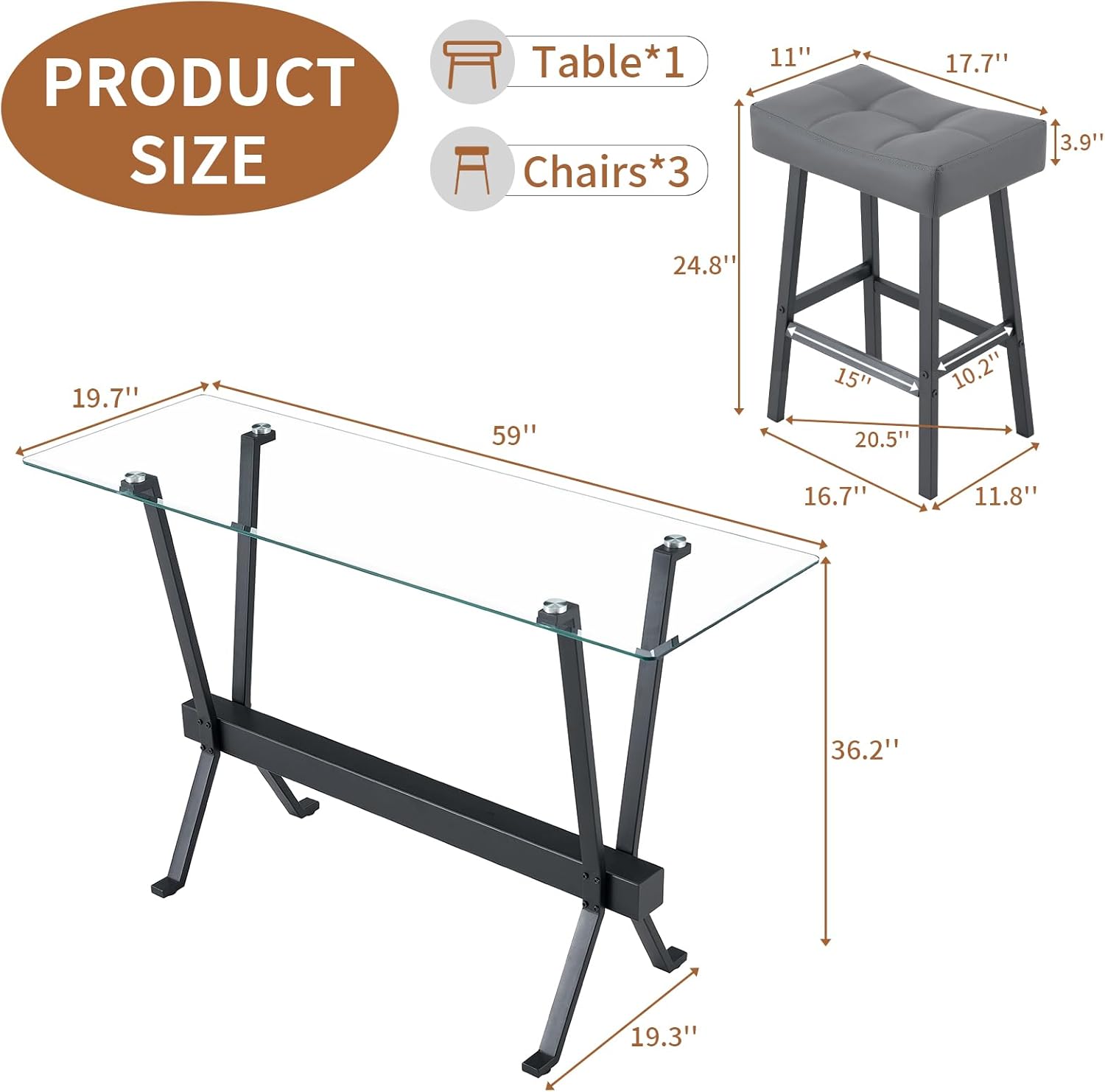59" 4-Piece Bar Table Set, Behind Couch Sofa Table Set with Tempered Glass Top and 3 PU Stools, Counter Height Table Set for Living Room, Dining Room(Clear Glass/Gray)