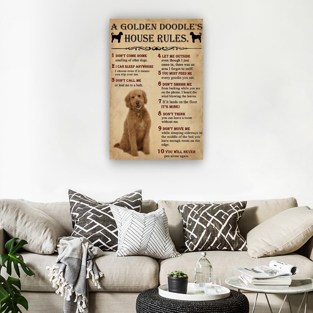 Panfegzi Golden Doodle Dog House Rules Retro Poster Wall Art Pictures for Bedroom Deco Home Canvas Colouring Painting Decoration Print Artwork Giclee (16.00''x24.00'',Unframed)