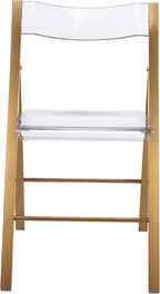 LeisureMod Transparent Acrylic Folding Chair, Iron Chrome Base, Comfortable Seat & Backrest, Clear Desk Chair, No Assembly Needed in Brushed Gold