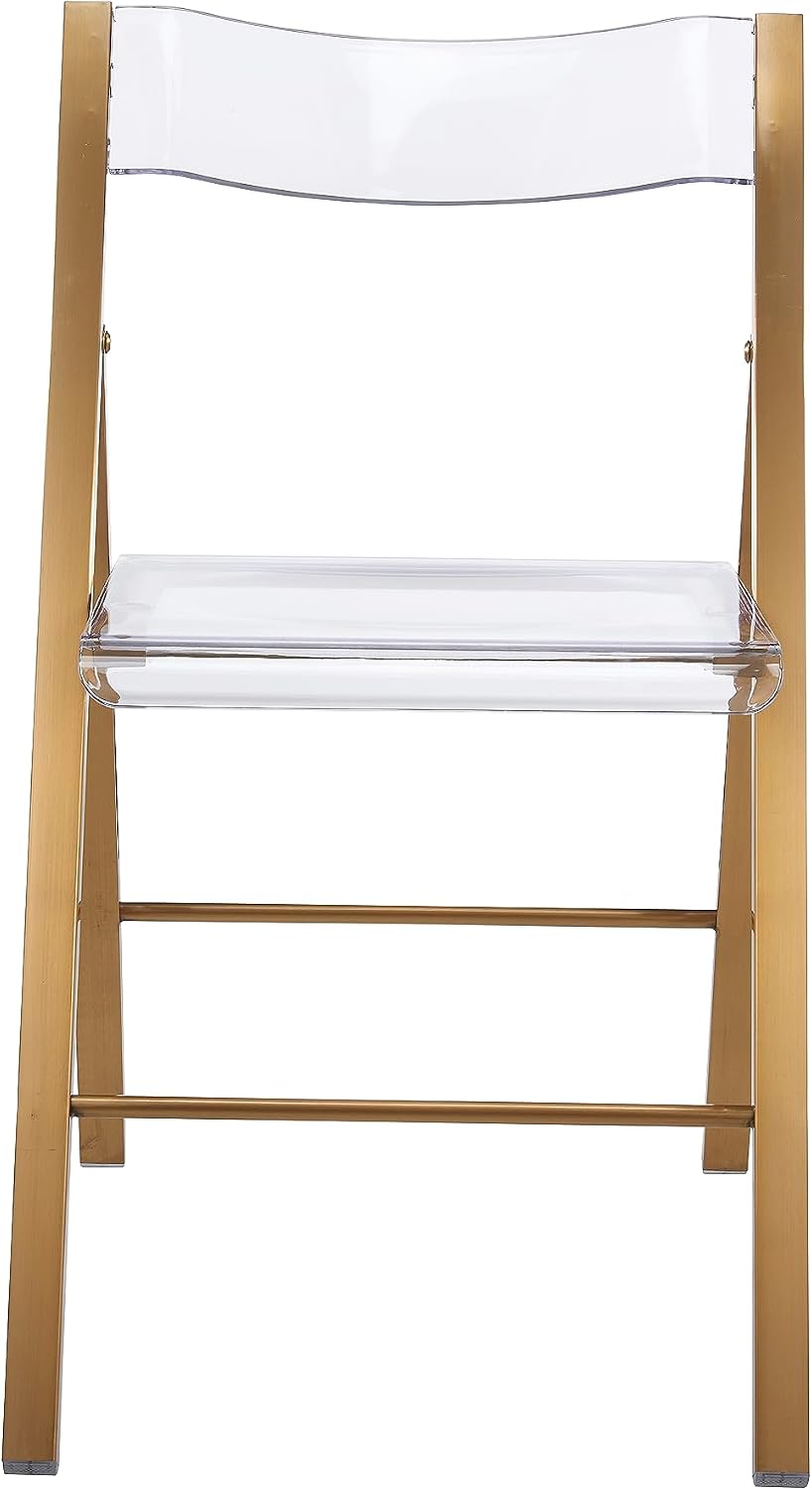 LeisureMod Transparent Acrylic Folding Chair, Iron Chrome Base, Comfortable Seat & Backrest, Clear Desk Chair, No Assembly Needed in Brushed Gold