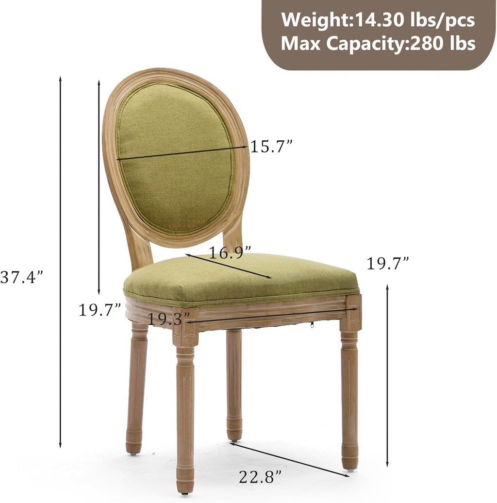 Linen Upholstered Dining Chairs Set of 2 French Country Oval Fabric Back Kitchen Side Chair with Wood Legs for Dining Room, Kitchen, Restaurant(Olive Green-Fabric)