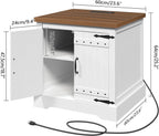 MAHANCRIS Farmhouse End Table with Charging Station, 23.6" Large Sofa Side Table, Wooded Square Nightstand with Barn Door, Adjustable Shelf, Bedside Table for Living Room, Bedroom, White and Walnut