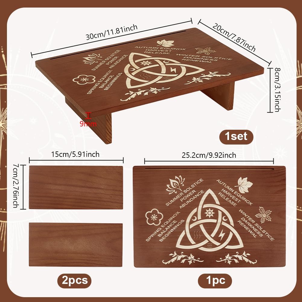 PH PandaHall Altar Table, 11.8"x7.8" Seasons of the Soul Theme Wooden Meditation Table Rectangle Engraved Trinity Knot Patterns Wiccan Tables for Room Engraved Mystic Decor Witchcraft Supplies