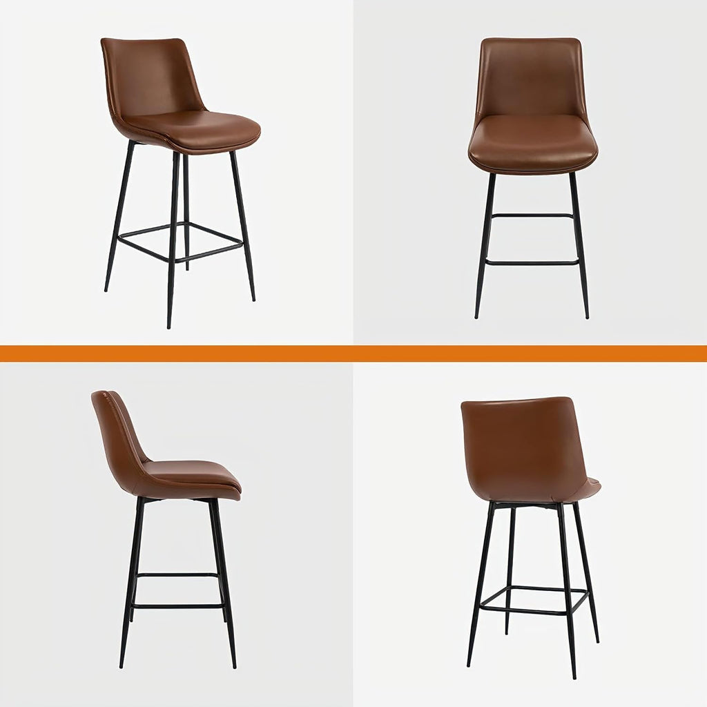 Counter Height Bar Stools Set of 3, FSC Certified Upholstered Faux Leather Barstools with Back, Metal Base, 27" Seat Height, Modern Upholstered Counter Stools for Kitchen Island,(Walnut Brown