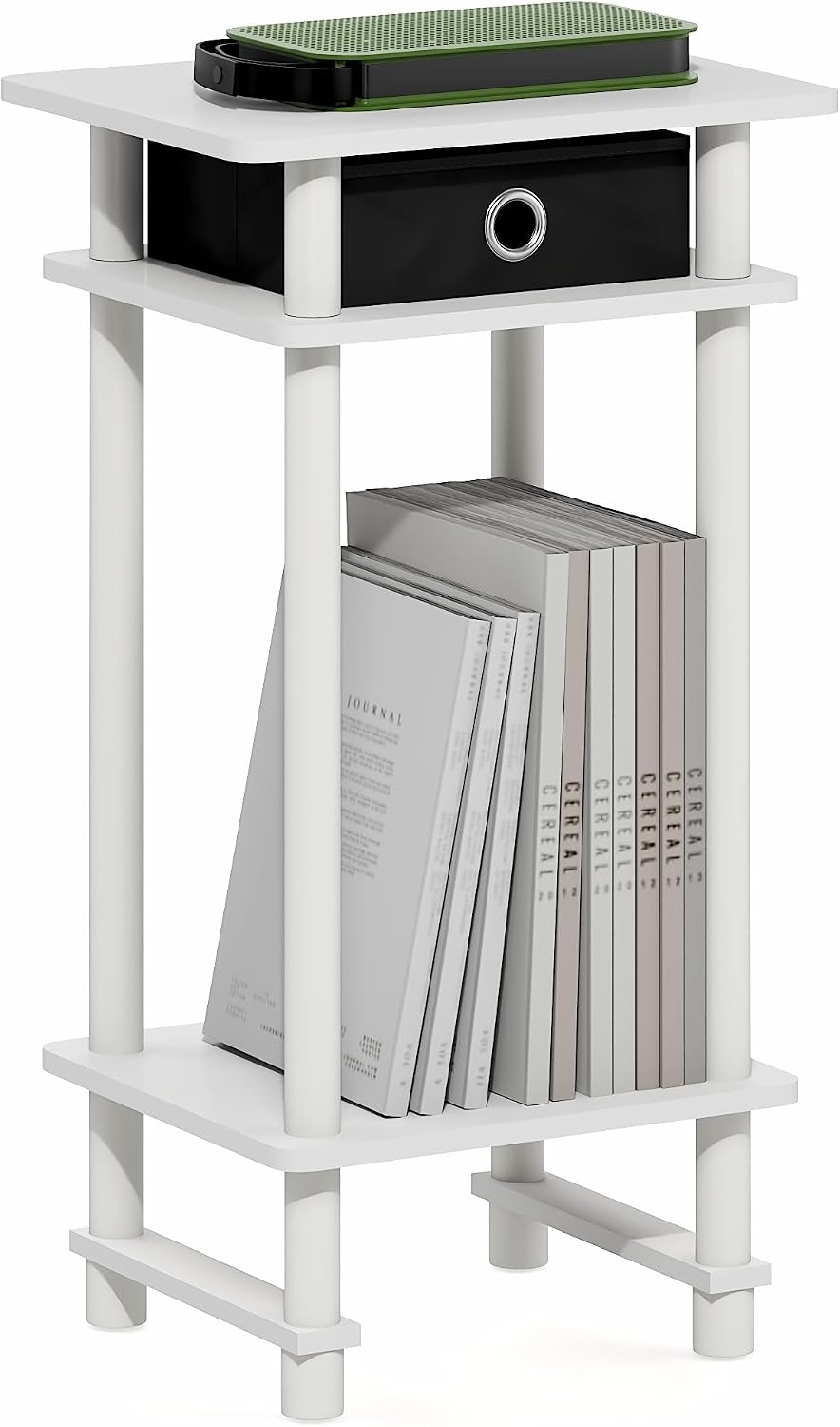 Furinno Turn-N-Tube Side Table, 3-Tier Tall Narrow Modern End Table with Storage Bin, Open Shelf Night Stand, Bedside Table, Toolless Assembly, for Living Room, Bedroom, White