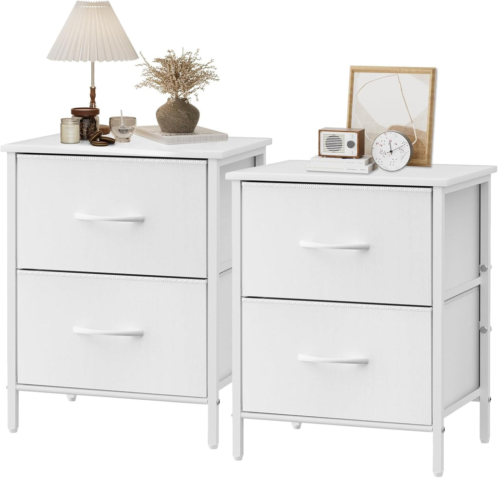 Stero Nightstand Set of 2, Kids Dresser with 2 Drawers, Steel Frame Bedside Furniture, Wood Top Fabric Night Stand, Colorful End Table for Home, Bedroom, Office, White