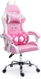 Pink Gaming Chair with Cat Paw Lumbar Cushion and Cat Ears, Reclining PC Game Computer Chairs, Ergonomic Gamer Chair for Kids, Girls, Teens