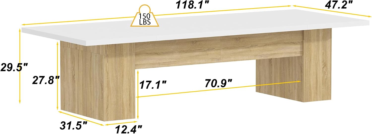 AGOTENI 118" Large Dining Table for 8-12 People, Versatile Rectangle Dining Room Table with Wood Grain for Conference Room Kitchen, White & Natural