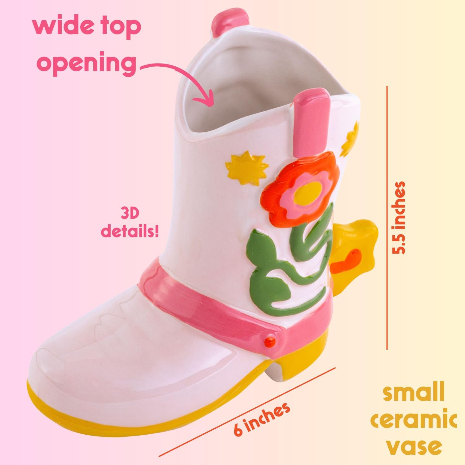ban.do Small Ceramic Cowboy Boot Vase, Giddy Up | Cute Petite Cowgirl Boot, Colorful Ceramic Shelf Decor for Home or Office, Unique/Quirky/Funky/Fun Flower Vase or Pencil Cup