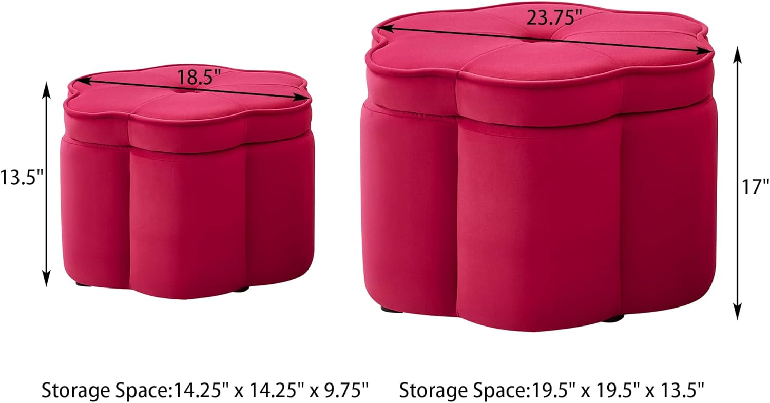 Set of 2 Ottoman with Storage,Flower Shape Petal Upholstered Storage Bench Large Ottoman for Living Room Bedroom Entryway (Rose Pink+ Velvet)