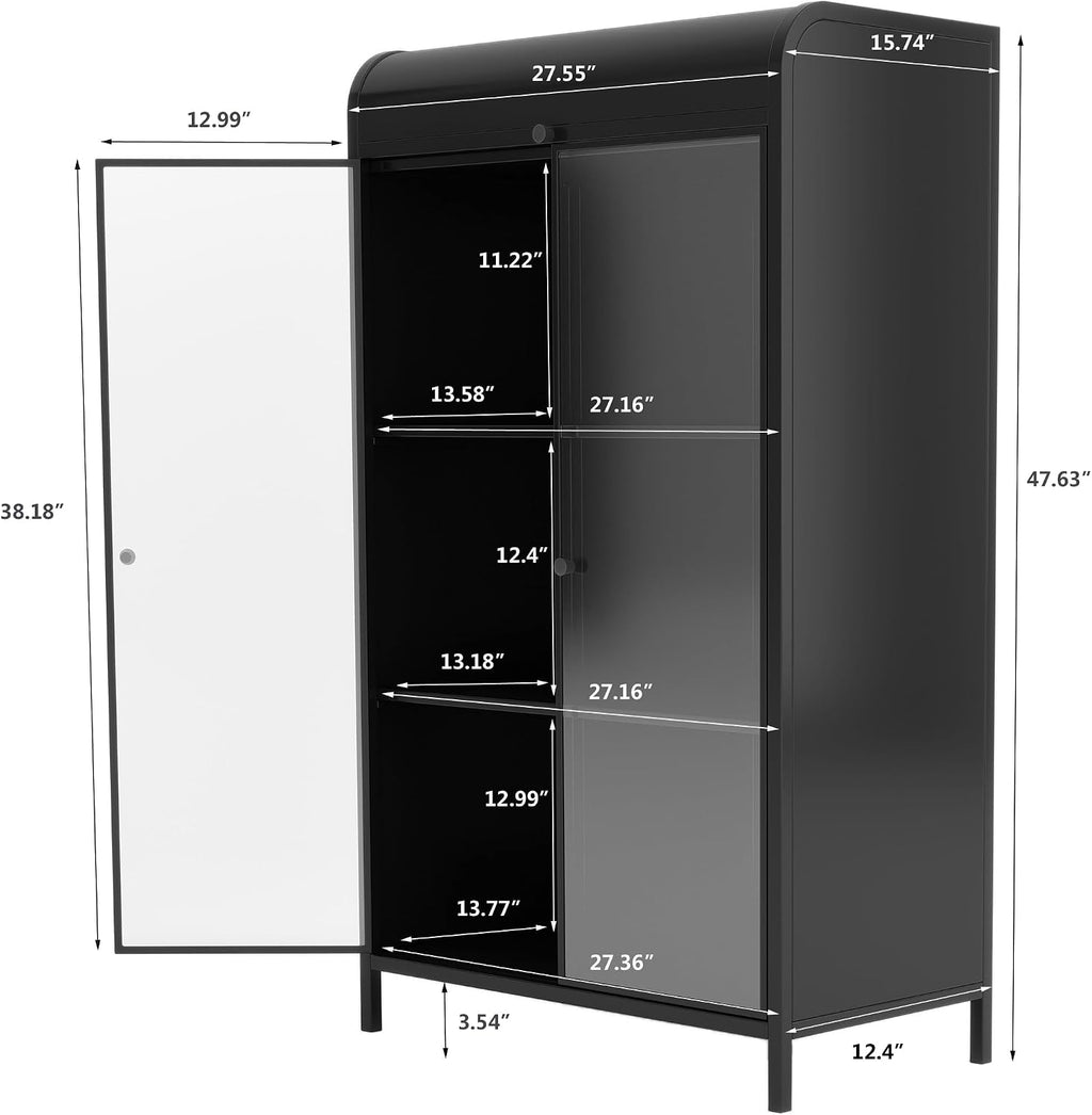 KEIKI 47.6" Tall Kitchen Pantry, Modern 4-Tier Sideboard Buffet Cabinet with Figured Glass Doors & Flip Top & Open Shelves, Industrial Metal Organizer for Living Room & Kitchen