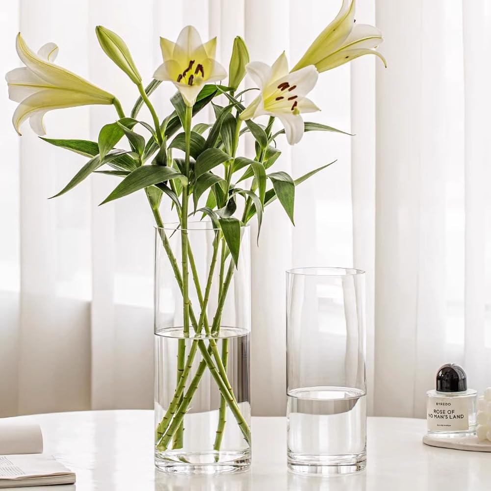 Olrla 2 Pack Transparent Acrylic Flower Vase, Height 7.87'' and 9.8'' Shatter Proof Plastic Cylinder Vase for Flower Arrangement, Wedding Centerpieces, DIY