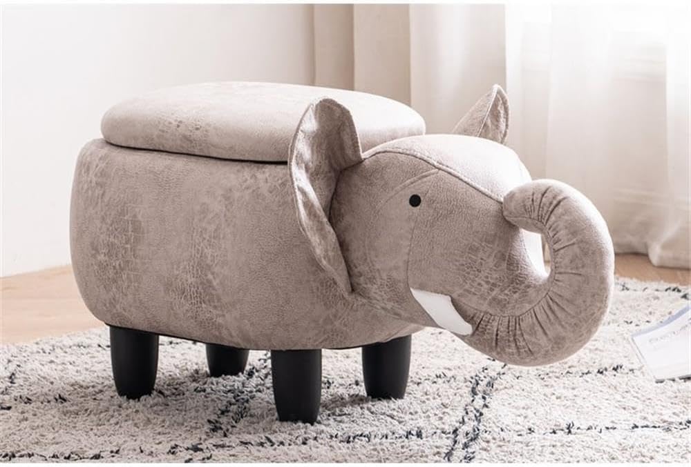 Pemberly Row Elephant Fabric Storage Ottoman/Stool, Gray/Black Finish, 15.75"H x 14.17"W x 28.74"D, Upholstered Kids Room Seating with Storage, Cute Animal Theme, Easy Assembly for Bedroom or Playroom