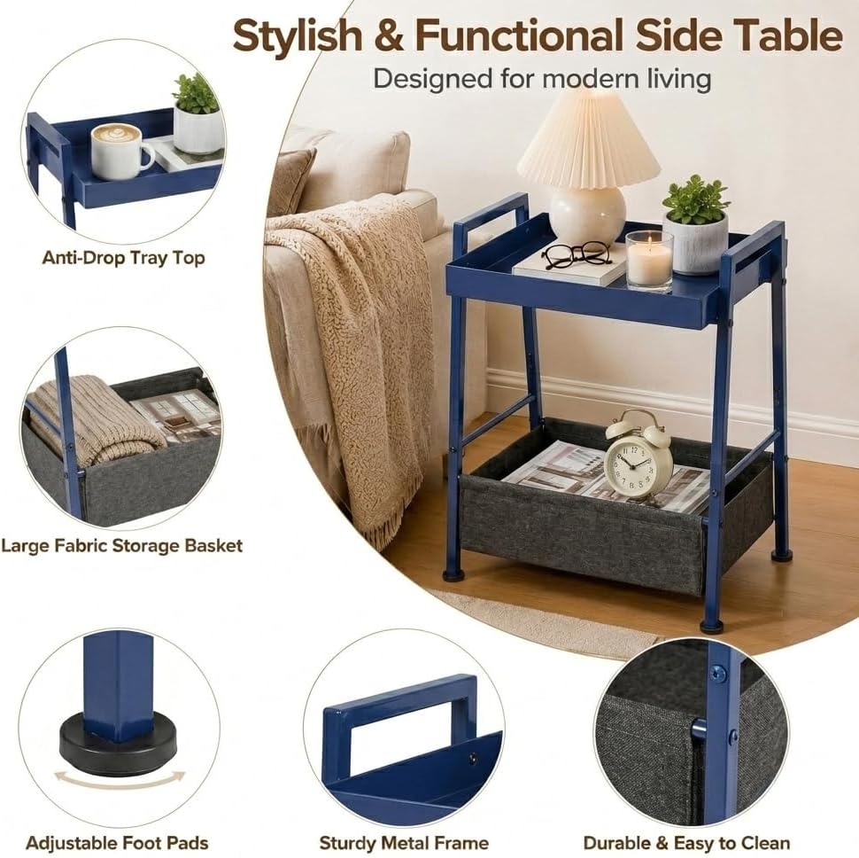 Small End Table with Fabric Storage Basket, 2-Tier Modern Metal Side Table with Tray Top, Unique Side Tables, Cute Coffee Table for Living Room, Bedroom, and Small Spaces, Navy Blue