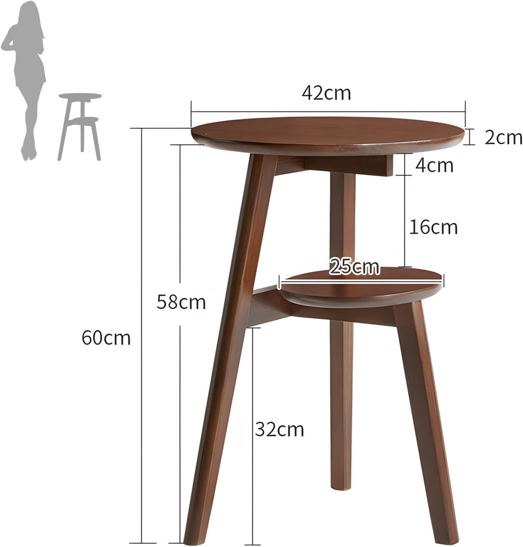 Side Table, Small Round End Table with 2-Tier Shelf, Solid Wood Nightstand for Small Spaces, Mid Century Modern Accent Table for Living Room Bedroom, Walnut
