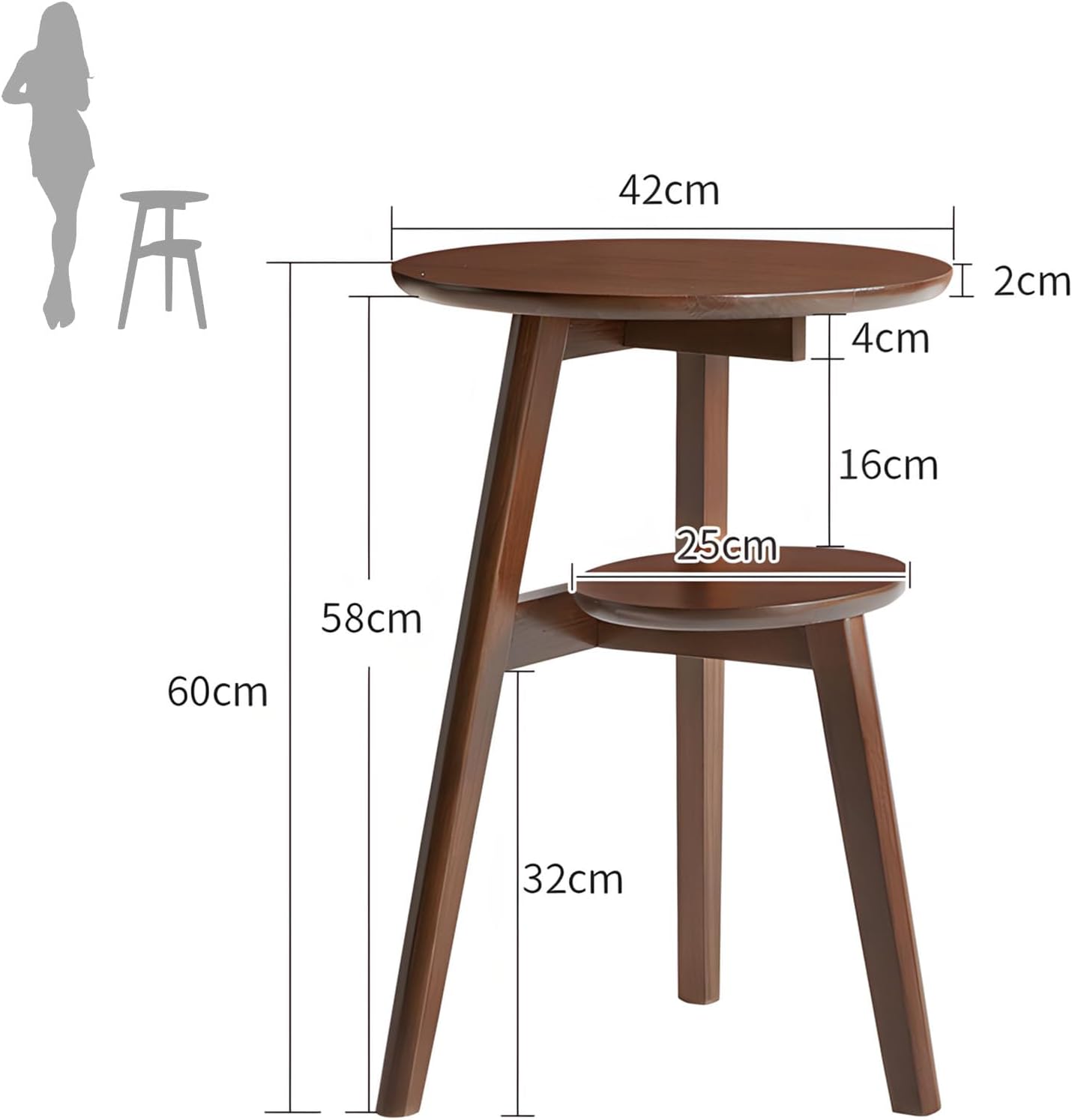 Side Table, Small Round End Table with 2-Tier Shelf, Solid Wood Nightstand for Small Spaces, Mid Century Modern Accent Table for Living Room Bedroom, Walnut