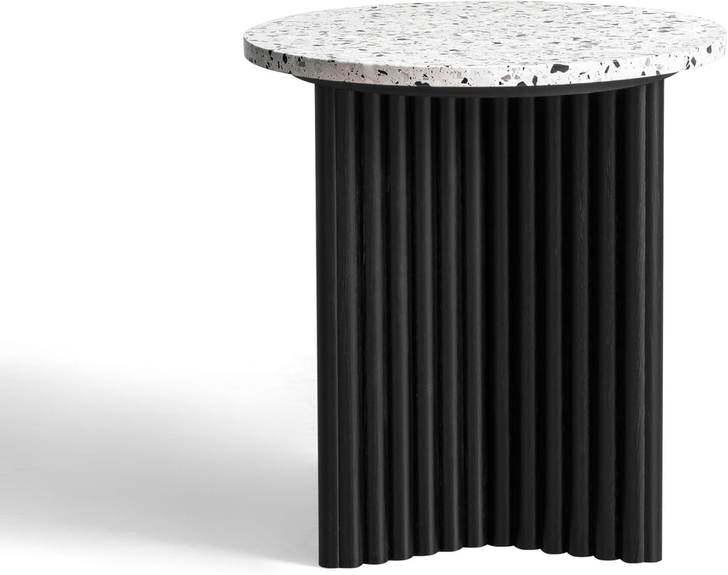 Modern Fluted Side Table, Stone End Table with Terrazzo Top & Black Fluted Ash Wood Base, 18.1" Accent Table for Living Room, Bedroom or Couch Side