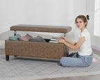 Adeco 42 Inch Faux Leather Storage Ottoman Bench, Upholstered Lift Top Coffee Table with 30 Gallon Storage for Entryway & End of Bed, Mid-Century Modern, Light Brown Camel, Supports 665 lbs
