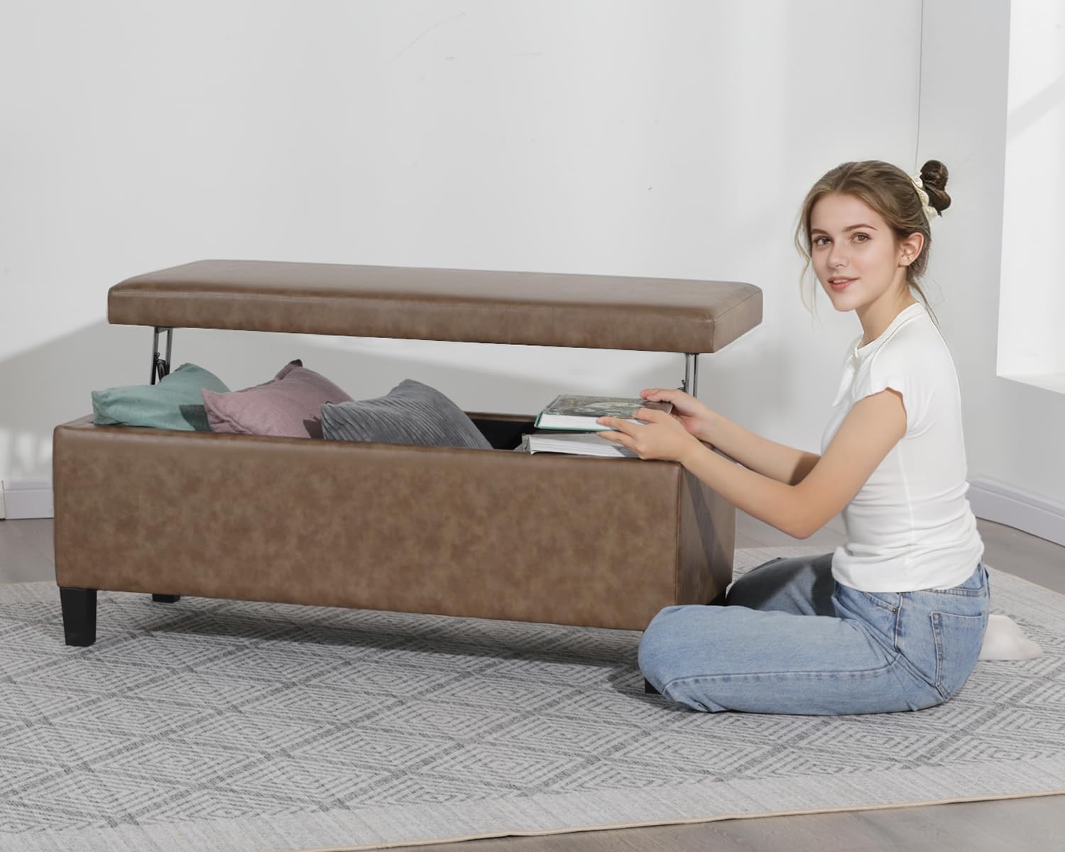 Adeco 42 Inch Faux Leather Storage Ottoman Bench, Upholstered Lift Top Coffee Table with 30 Gallon Storage for Entryway & End of Bed, Mid-Century Modern, Light Brown Camel, Supports 665 lbs