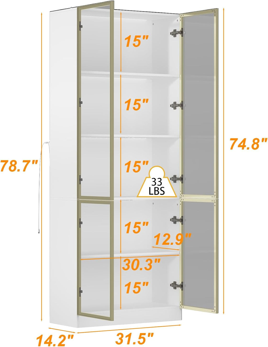 78.7" H Kitchen Pantry Storage Cabinet with Light, Food Pantries Cabinets with Glass Doors and Light in 3-Color Mode, Storage Cupboard Display Cabinet for Kitchen Dinning Room, White