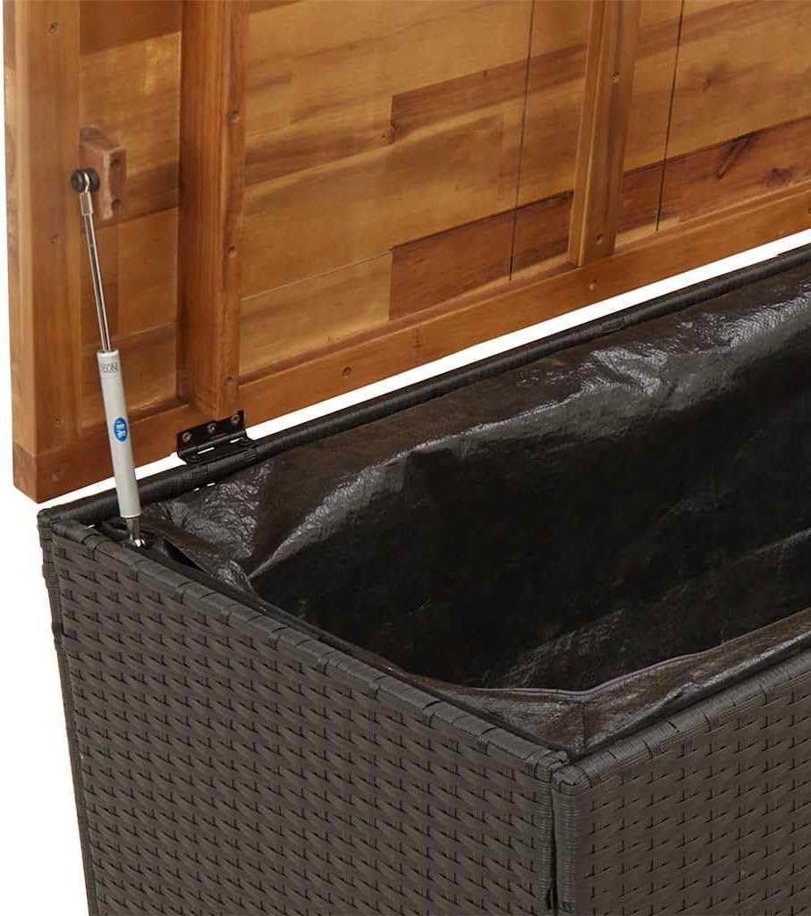 Patio Storage Box Black 43.3"x21.7"x24.8" Poly Rattan Acacia Wood Garden Storage Bench with Waterproof Bag and Gas Spring
