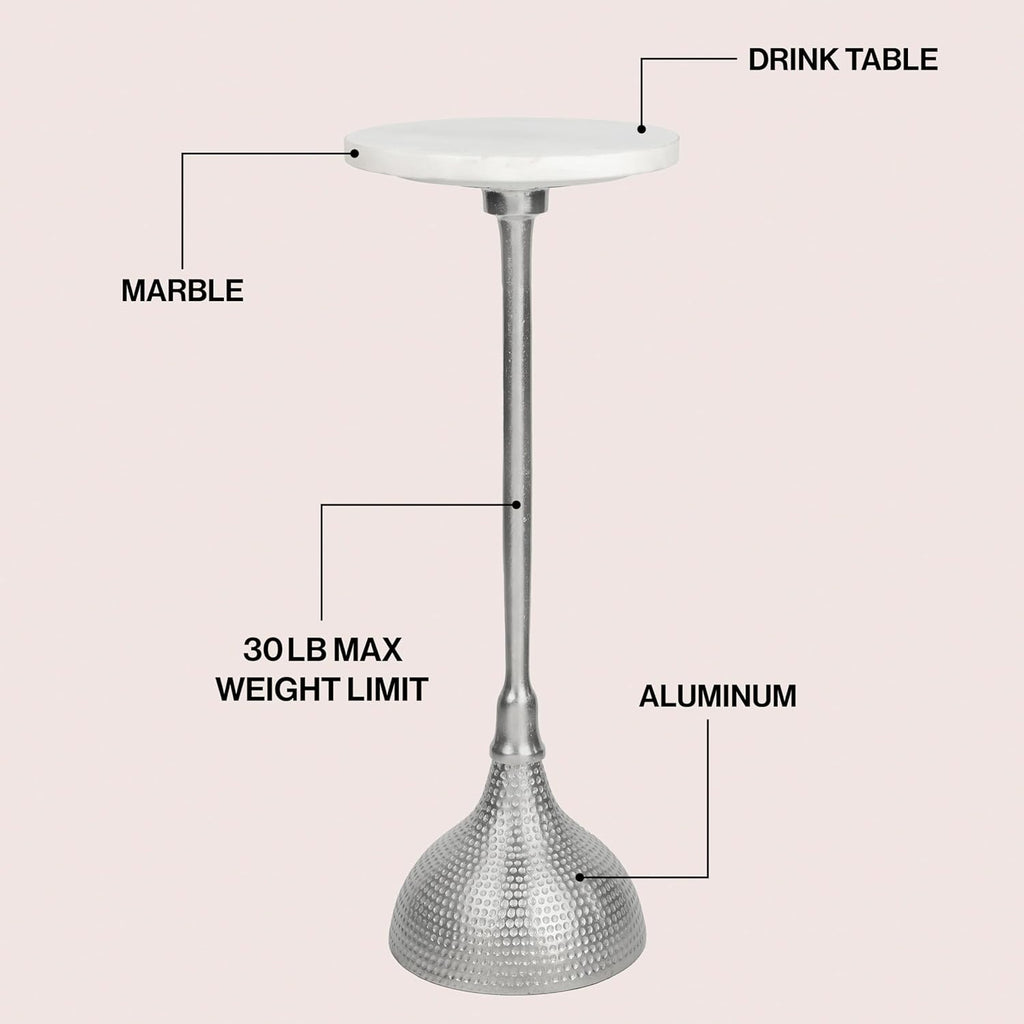 JONATHAN Y Ava Marble Top Drink Table with Hammered Nickel Pedestal, 23.75" Tall Round Martini Side Table for Small Spaces, Contemporary Metal Accent Cocktail Stand for Living Room END4001B