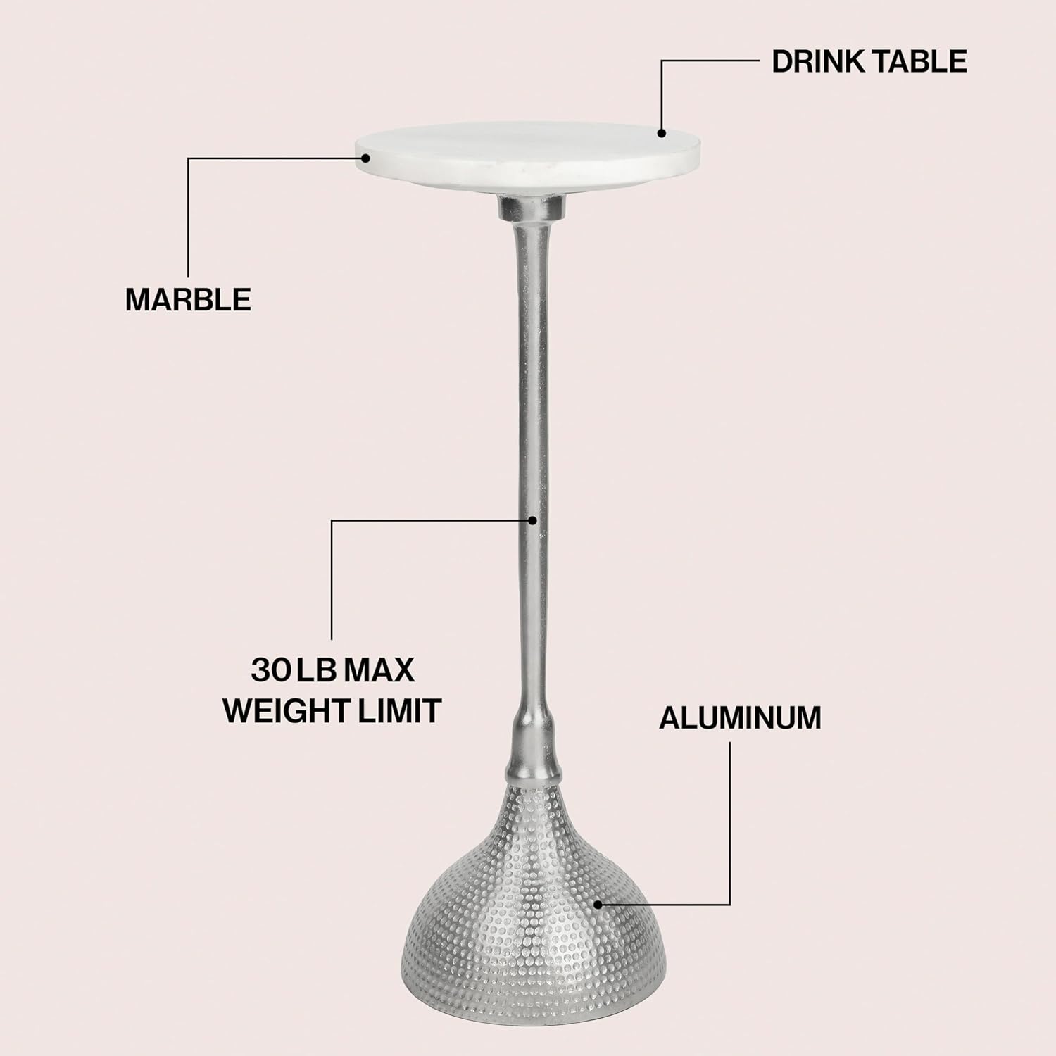 JONATHAN Y Ava Marble Top Drink Table with Hammered Nickel Pedestal, 23.75" Tall Round Martini Side Table for Small Spaces, Contemporary Metal Accent Cocktail Stand for Living Room END4001B