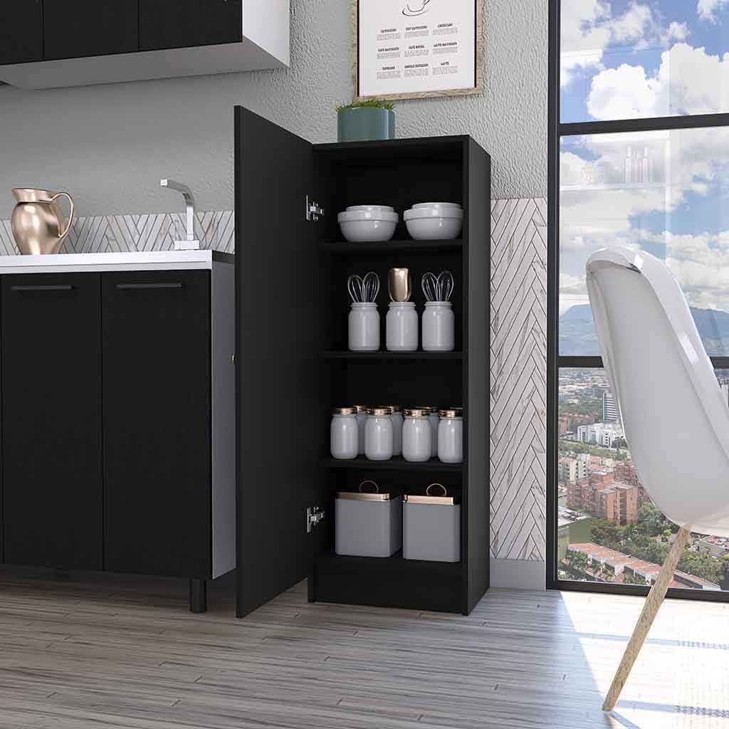 Miami Single Door Pantry, 4 Shelves, Black Engineered Wood, Space-Saving Storage for Kitchen or Hallway