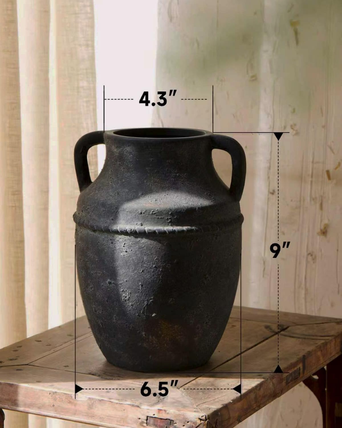 Ceramic Flower Vase Home Decor - 9 inch Farmhouse Rustic Vases, Vintage Pottery with Handles for Living Room Kitchen Bookshelf Mantel Coffee Table Dining Fireplace,Thoughtful Gift (Black Gold)
