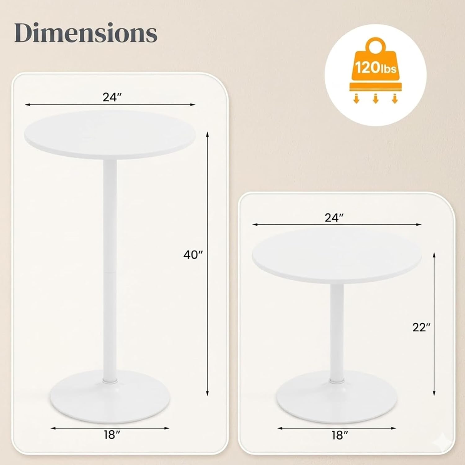 POWERSTONE Two-in-one Cocktail Tables Set of 6, 24'' Round Bar Tables with Sturdy Metal Base, 40"/22" Two Convertible Height High Top Pub Table, Coffee Table for Home Bar, Bistro, Dining Room, White
