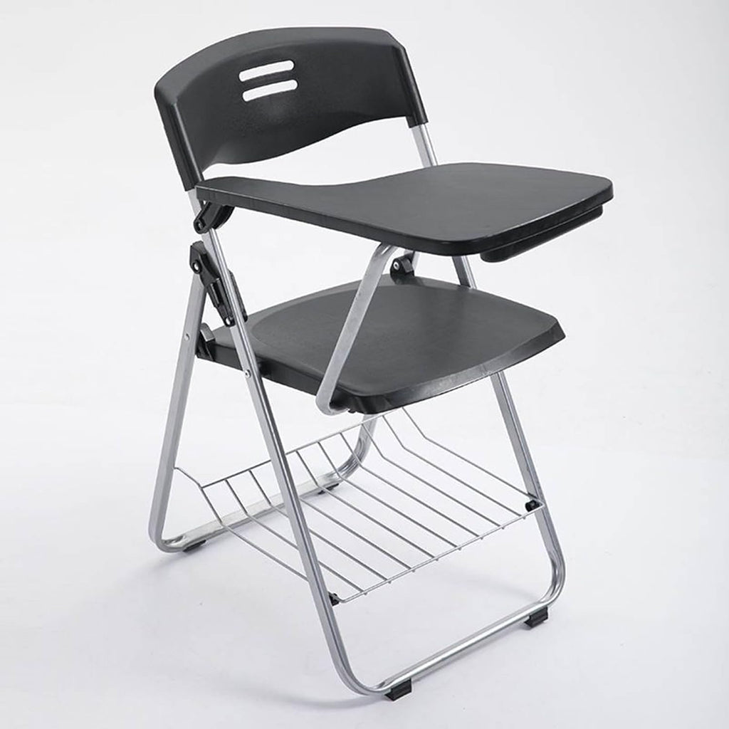 Stackable Folding Plastic Conference Chair with Tablet Arm Mesh Backrest and Padded Seat Ideal(Black with Writing Board+Frame)
